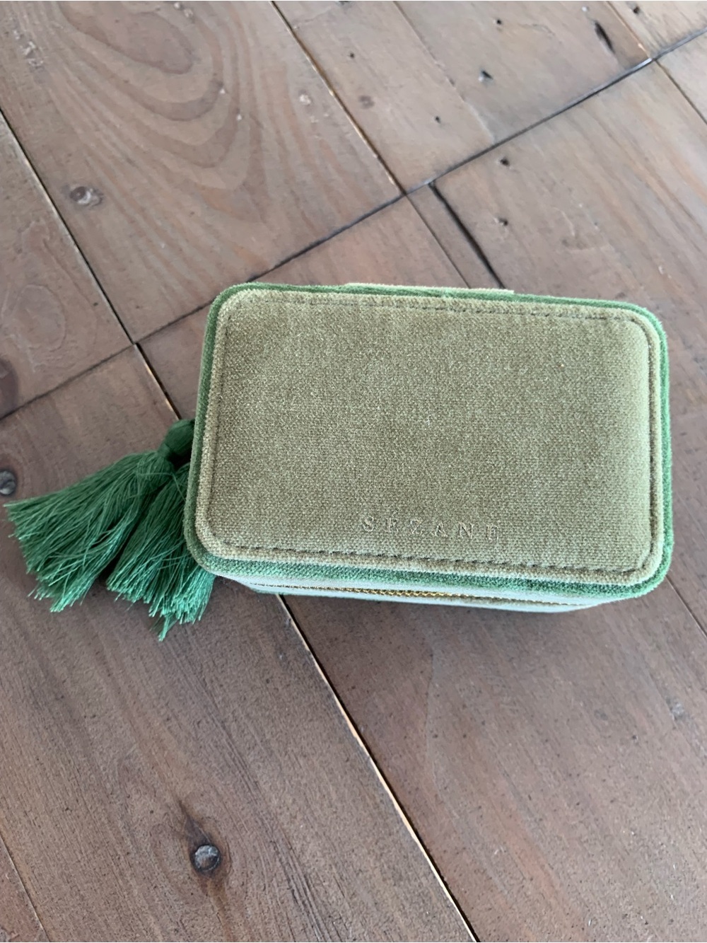 Sezane green velvet jewelry bo